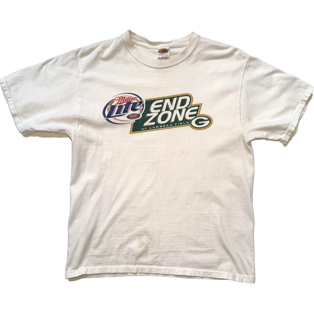 Vintage 90s Green Bay Packers End Zone TShirt LG Miller Lite Beer NFL‎ USA SS